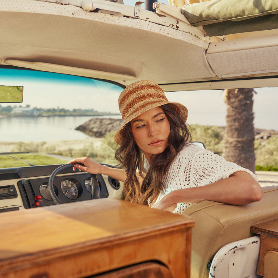 Azure Crochet Bucket Hat in Brown