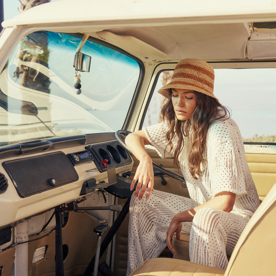 Azure Crochet Bucket Hat in Brown