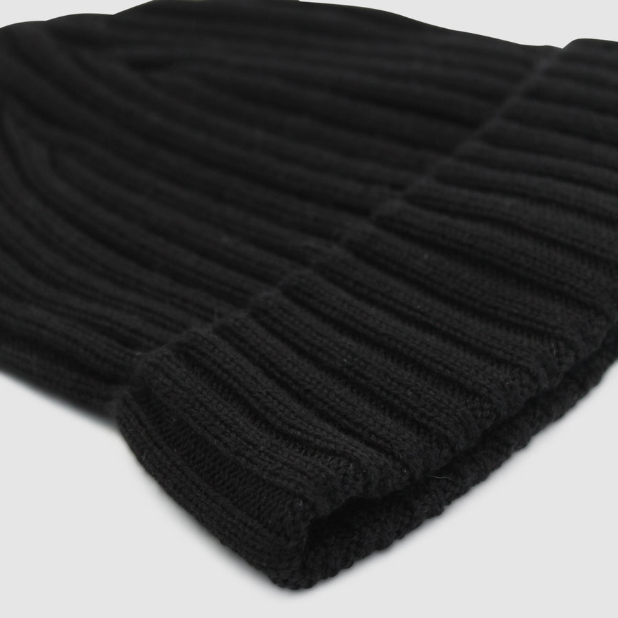 Detail of Black Ribbed Wool Beanie